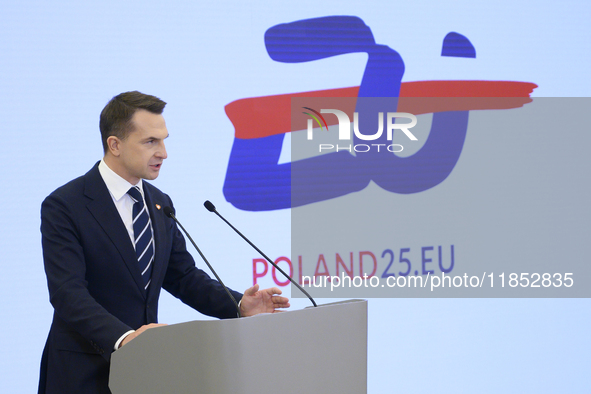 Polish Minister for European Affairs Adam Szlapka speaks during the presentation of the program for the 2025 Poland's Presidency of the Coun...