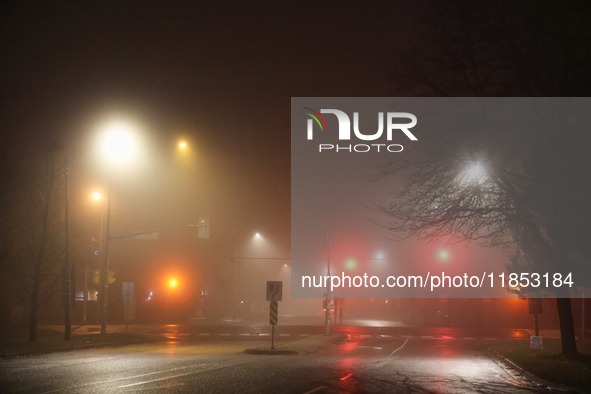 Fog causes near-zero visibility and blankets Toronto, Ontario, Canada, on December 09, 2024. 