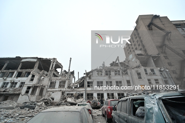 Buildings are damaged by a Russian missile strike in Zaporizhzhia, Ukraine, on December 10, 2024. Three people are dead and at least 14 peop...