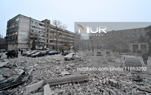 The rubble covers the ground after a Russian missile strike in Zaporizhzhia, Ukraine, on December 10, 2024. Three people are dead and at lea...