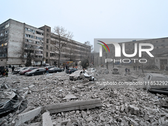 The rubble covers the ground after a Russian missile strike in Zaporizhzhia, Ukraine, on December 10, 2024. Three people are dead and at lea...