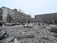 The rubble covers the ground after a Russian missile strike in Zaporizhzhia, Ukraine, on December 10, 2024. Three people are dead and at lea...