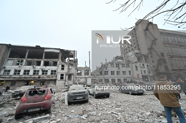 Buildings are damaged by a Russian missile strike in Zaporizhzhia, Ukraine, on December 10, 2024. Three people are dead and at least 14 peop...