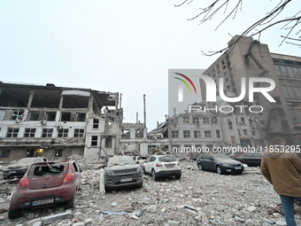 Buildings are damaged by a Russian missile strike in Zaporizhzhia, Ukraine, on December 10, 2024. Three people are dead and at least 14 peop...