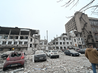 Buildings are damaged by a Russian missile strike in Zaporizhzhia, Ukraine, on December 10, 2024. Three people are dead and at least 14 peop...