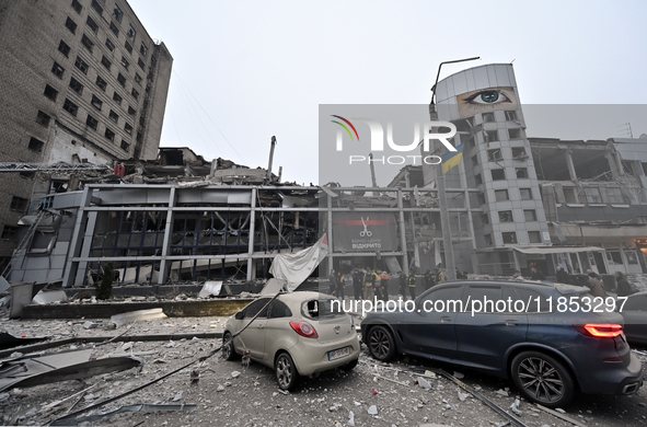 Buildings are damaged by a Russian missile strike in Zaporizhzhia, Ukraine, on December 10, 2024. Three people are dead and at least 14 peop...