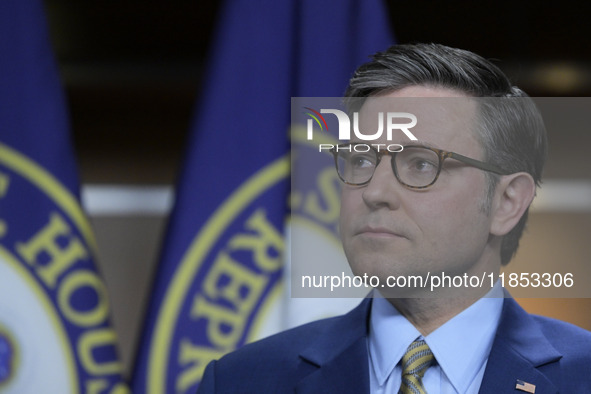 US House Speaker Mike Johnson speaks about immigration policy, China, and other topics during a weekly press conference in Washington DC, US...