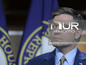 US House Speaker Mike Johnson speaks about immigration policy, China, and other topics during a weekly press conference in Washington DC, US...