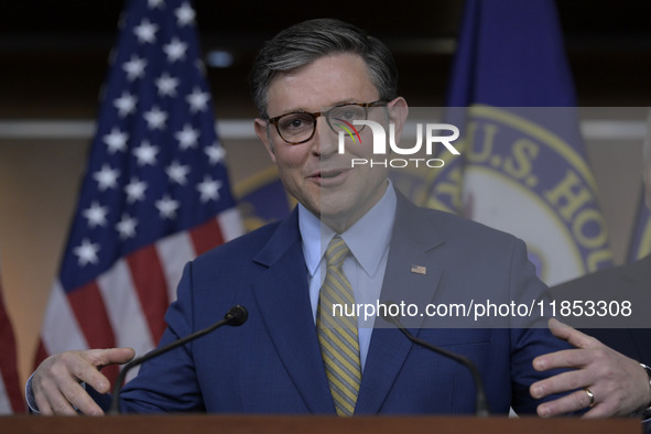 US House Speaker Mike Johnson speaks about immigration policy, China, and other topics during a weekly press conference in Washington DC, US...