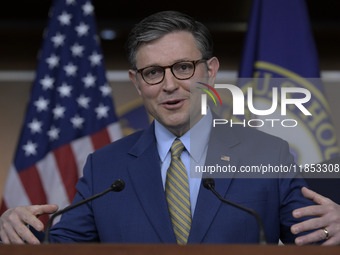 US House Speaker Mike Johnson speaks about immigration policy, China, and other topics during a weekly press conference in Washington DC, US...