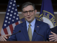 US House Speaker Mike Johnson speaks about immigration policy, China, and other topics during a weekly press conference in Washington DC, US...