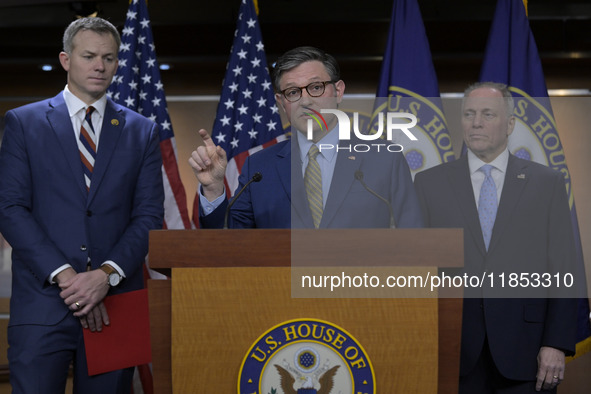 US House Speaker Mike Johnson, alongside GOP members, speaks about immigration policy, China, and other topics during a weekly press confere...