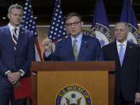 US House Speaker Mike Johnson, alongside GOP members, speaks about immigration policy, China, and other topics during a weekly press confere...