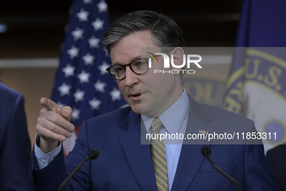 US House Speaker Mike Johnson speaks about immigration policy, China, and other topics during a weekly press conference in Washington DC, US...