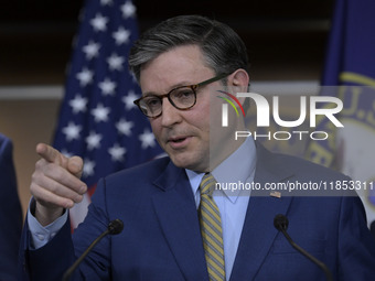 US House Speaker Mike Johnson speaks about immigration policy, China, and other topics during a weekly press conference in Washington DC, US...