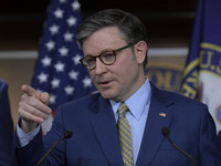 US House Speaker Mike Johnson speaks about immigration policy, China, and other topics during a weekly press conference in Washington DC, US...