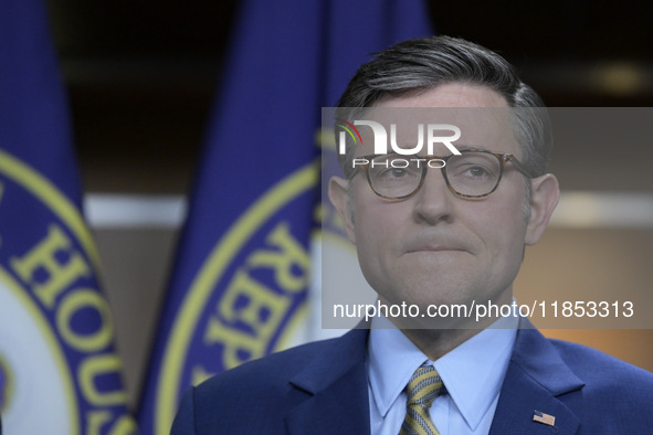 US House Speaker Mike Johnson speaks about immigration policy, China, and other topics during a weekly press conference in Washington DC, US...