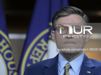 US House Speaker Mike Johnson speaks about immigration policy, China, and other topics during a weekly press conference in Washington DC, US...