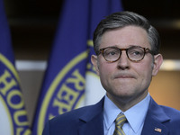 US House Speaker Mike Johnson speaks about immigration policy, China, and other topics during a weekly press conference in Washington DC, US...