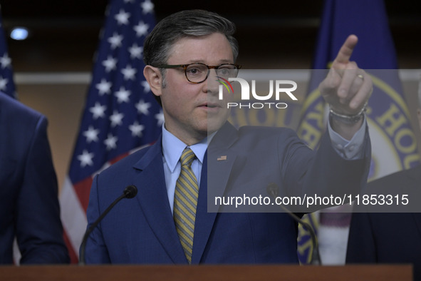 US House Speaker Mike Johnson speaks about immigration policy, China, and other topics during a weekly press conference in Washington DC, US...