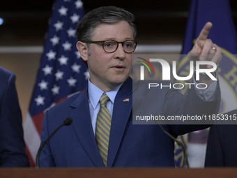 US House Speaker Mike Johnson speaks about immigration policy, China, and other topics during a weekly press conference in Washington DC, US...