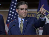 US House Speaker Mike Johnson speaks about immigration policy, China, and other topics during a weekly press conference in Washington DC, US...