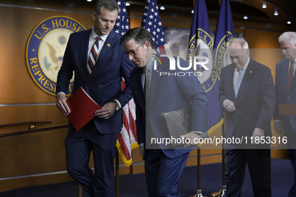 US House Speaker Mike Johnson, alongside GOP members, finishes his weekly press conference in Washington DC, USA, on December 10, 2024, at H...