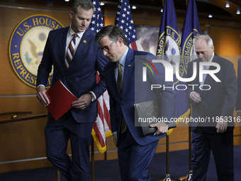 US House Speaker Mike Johnson, alongside GOP members, finishes his weekly press conference in Washington DC, USA, on December 10, 2024, at H...