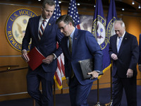 US House Speaker Mike Johnson, alongside GOP members, finishes his weekly press conference in Washington DC, USA, on December 10, 2024, at H...