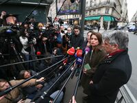 National secretary of The Ecologists (EELV) party, Marine Tondelier, speaks to journalists next to President of the Ecologiste et Social par...