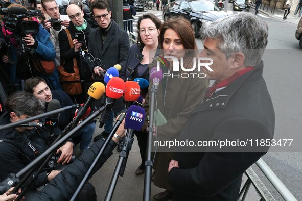 National secretary of The Ecologists (EELV) party, Marine Tondelier, speaks to journalists next to President of the Ecologiste et Social par...