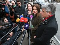 National secretary of The Ecologists (EELV) party, Marine Tondelier, speaks to journalists next to President of the Ecologiste et Social par...