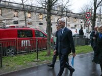 President of the Droite Republicaine parliamentary group, Laurent Wauquiez, arrives to speak with journalists as he leaves the Elysee Palace...