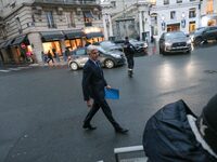 President of the Droite Republicaine parliamentary group, Laurent Wauquiez, arrives to speak with journalists as he leaves the Elysee Palace...