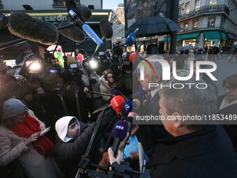 President of the Droite Republicaine parliamentary group, Laurent Wauquiez, speaks to journalists after his meeting with the French presiden...