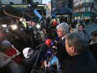 President of the Droite Republicaine parliamentary group, Laurent Wauquiez, speaks to journalists after his meeting with the French presiden...