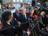 President of the Droite Republicaine parliamentary group, Laurent Wauquiez, speaks to journalists after his meeting with the French presiden...