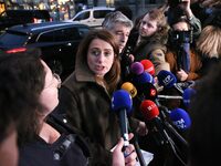 National secretary of The Ecologists (EELV) party, Marine Tondelier, speaks to journalists next to President of the Ecologiste et Social par...