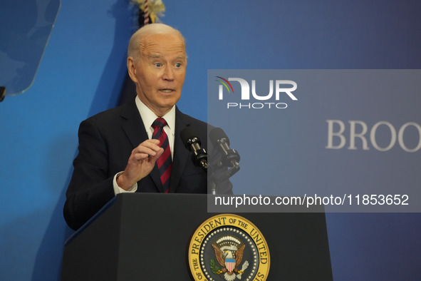 President Biden speaks at the Brookings Institution, highlighting his economic policies in Washington, D.C., on December 10, 2024. Biden dar...