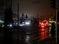 Dark streets and houses during a blackout result from massive Russian missile attacks on Ukraine's energy infrastructure in Kyiv, Ukraine, o...