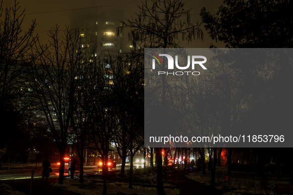 Dark streets and houses during a blackout result from massive Russian missile attacks on Ukraine's energy infrastructure in Kyiv, Ukraine, o...