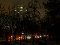 Dark streets and houses during a blackout result from massive Russian missile attacks on Ukraine's energy infrastructure in Kyiv, Ukraine, o...