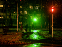 Dark streets and houses during a blackout result from massive Russian missile attacks on Ukraine's energy infrastructure in Kyiv, Ukraine, o...