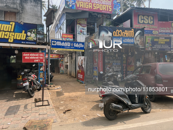 Shops are in Nedumangad, Thiruvananthapuram (Trivandrum), Kerala, India, on April 4, 2024. 