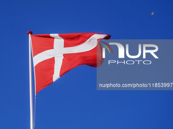 The flag of Denmark is seen blowing in the wind in Nordby, Fano Island, Denmark, on April 29, 2024. (