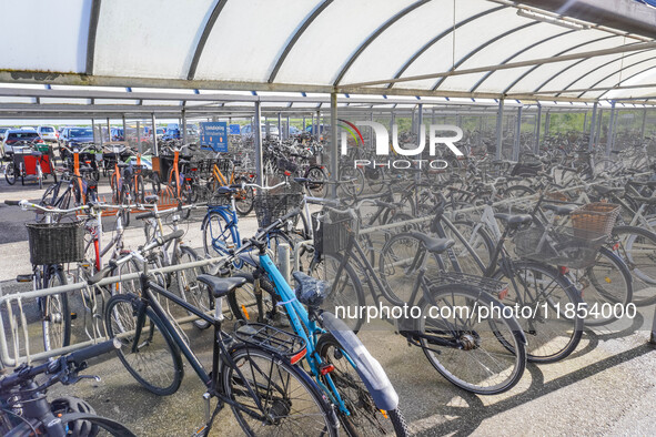 Hundreds of bikes are in the bike parking area in Nordby, Fano Island, Denmark, on April 29, 2024. 