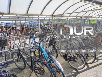 Hundreds of bikes are in the bike parking area in Nordby, Fano Island, Denmark, on April 29, 2024. (