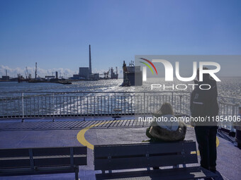 People look at the ships in Esbjerg port in Nordby, Fano Island, Denmark, on April 29, 2024. (