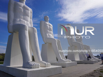 The Man Meets the Sea giant sculpture by Svend Wiig Hansen is in Esbjerg, Jutland, Denmark, on April 28, 2024. (