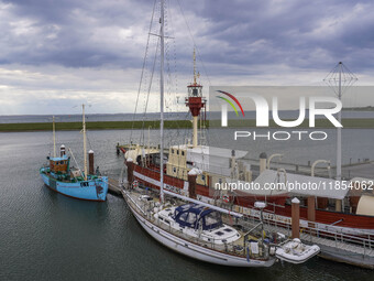 Yachts and ships are in the port in Esbjerg, Denmark, on April 28, 2024. (